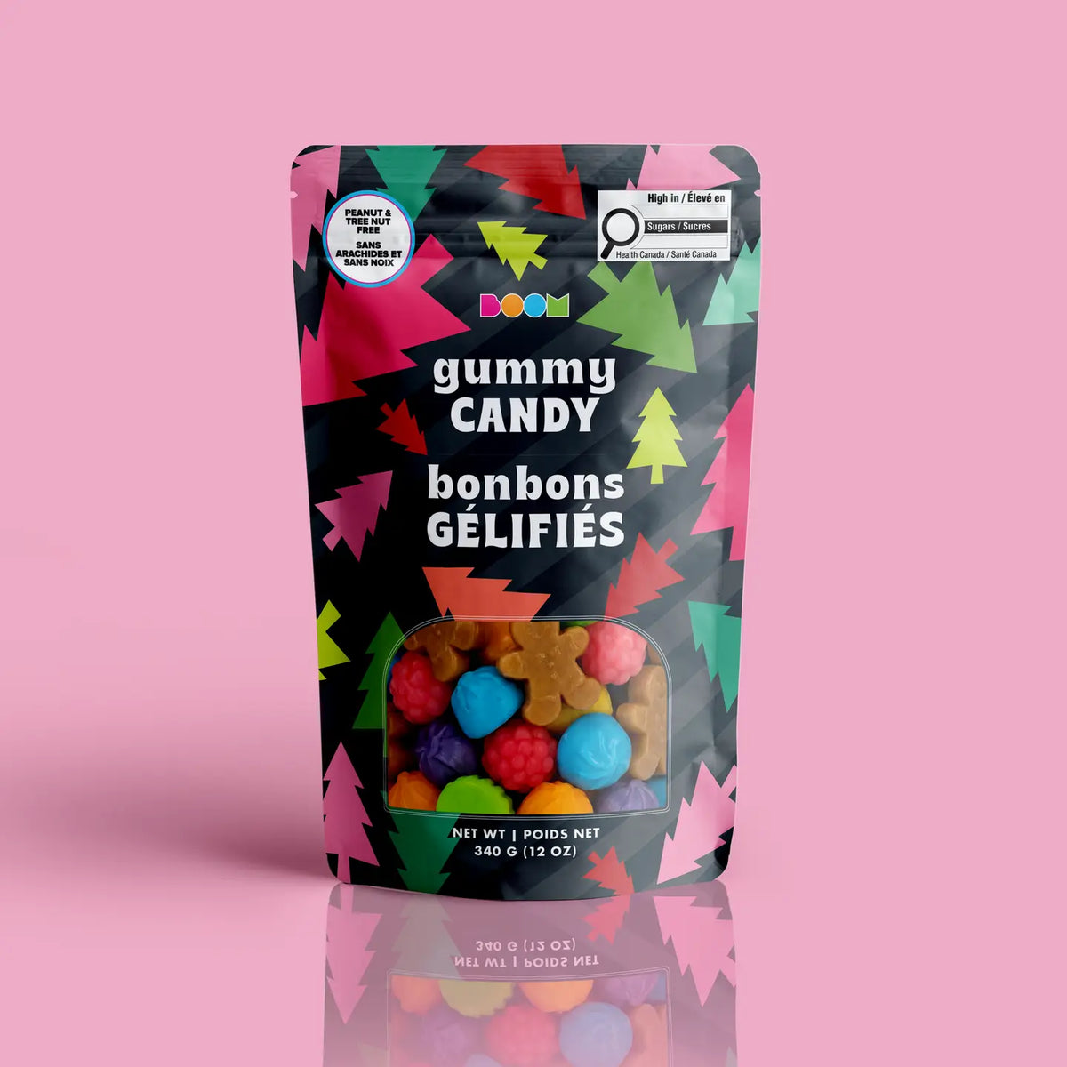 Neon Falling Trees package featuring a cheerful and fun assortment of festive holiday candy treats from a 100% peanut and tree nut free facility.