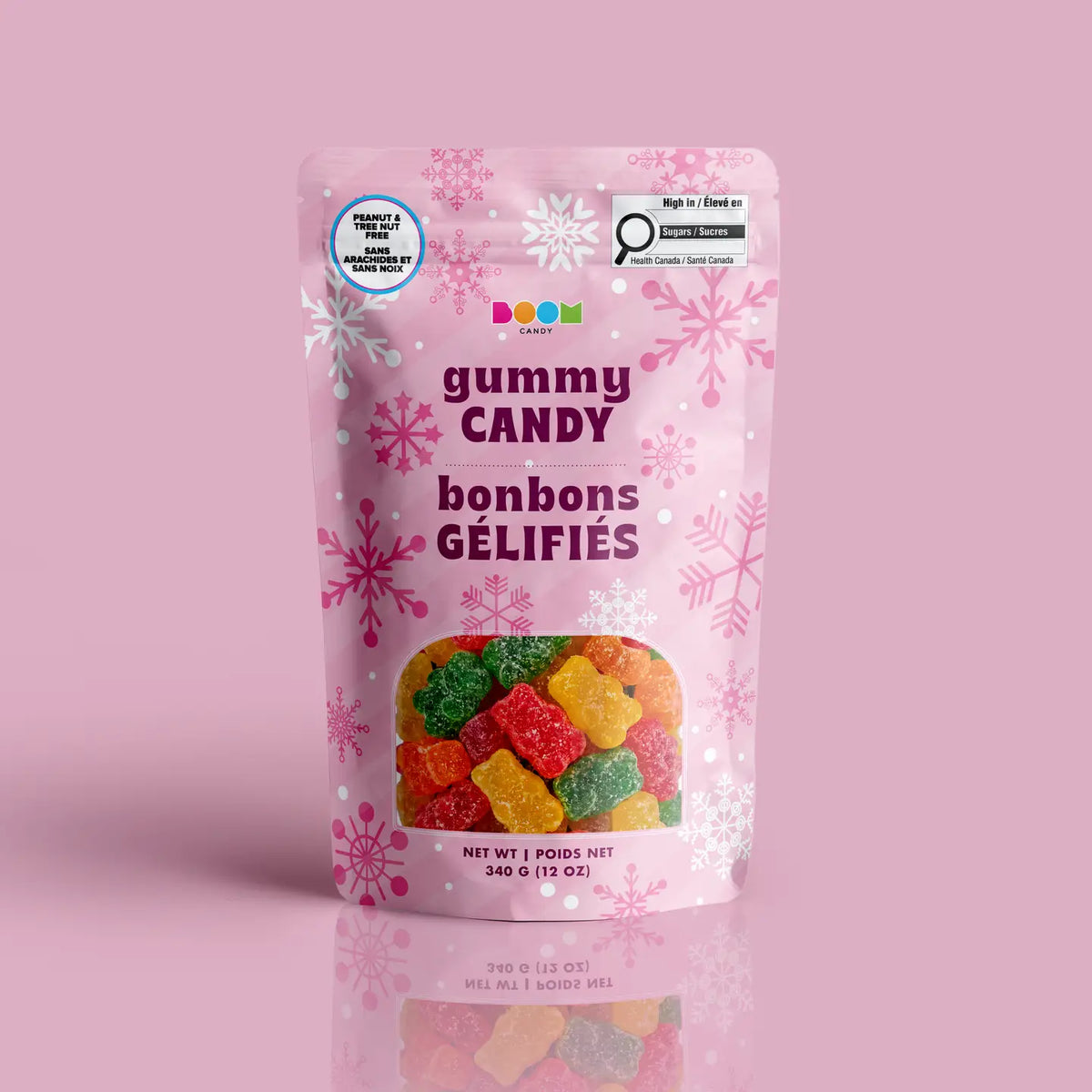 Pink Snowflakes package featuring a cheerful and fun assortment of festive winter snowflake candy treats from a 100% peanut and tree nut free facility.