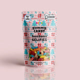 Pink & Blue Christmas package featuring a cheerful and fun assortment of festive holiday candy treats from a 100% peanut and tree nut free facility.
