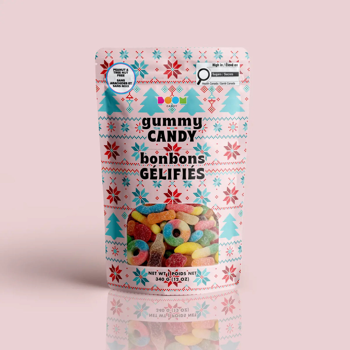 Pink & Blue Christmas package featuring a cheerful and fun assortment of festive holiday candy treats from a 100% peanut and tree nut free facility.
