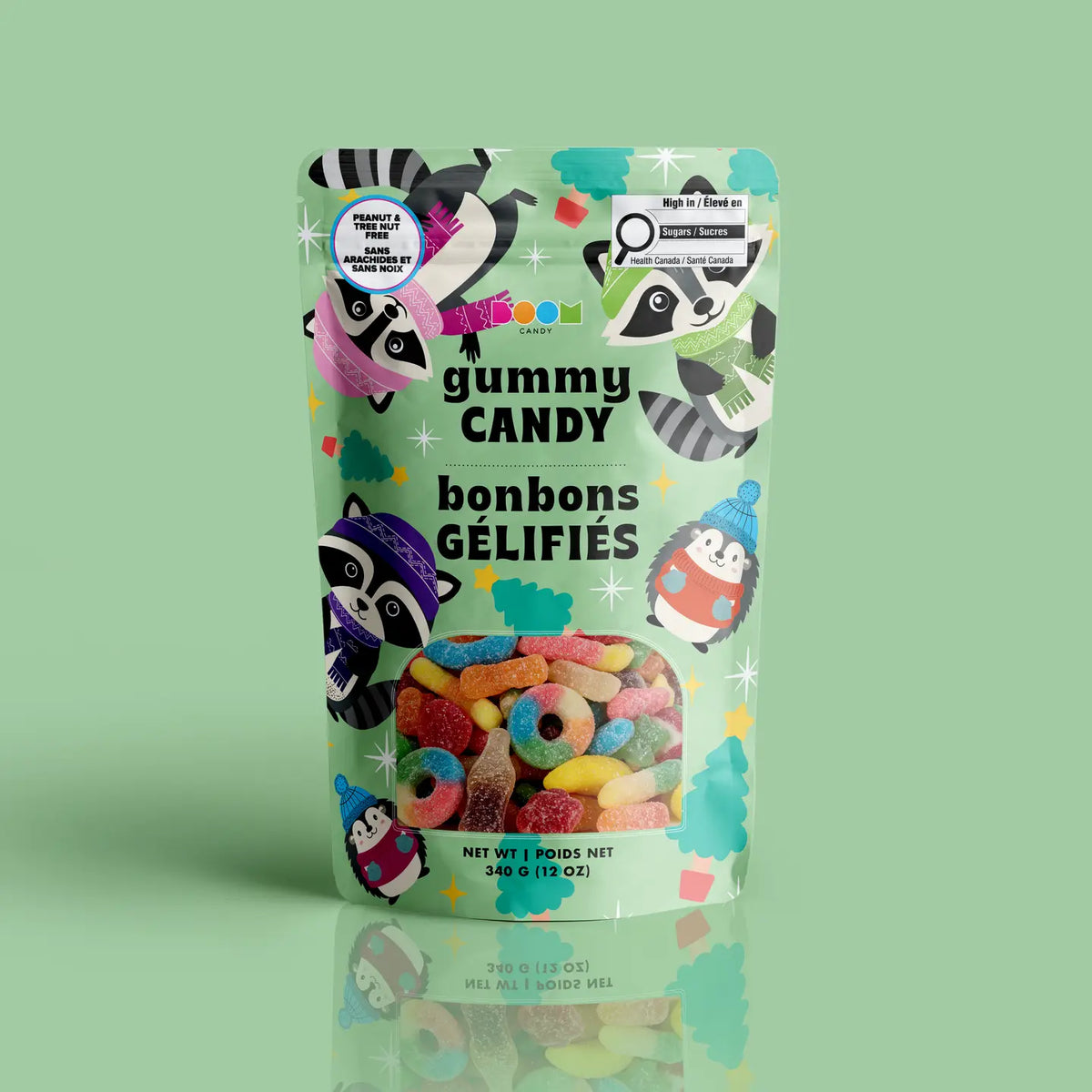 Raccoons & Hedgehogs package featuring a playful and fun assortment of cozy woodland candy treats from a 100% peanut and tree nut free facility.