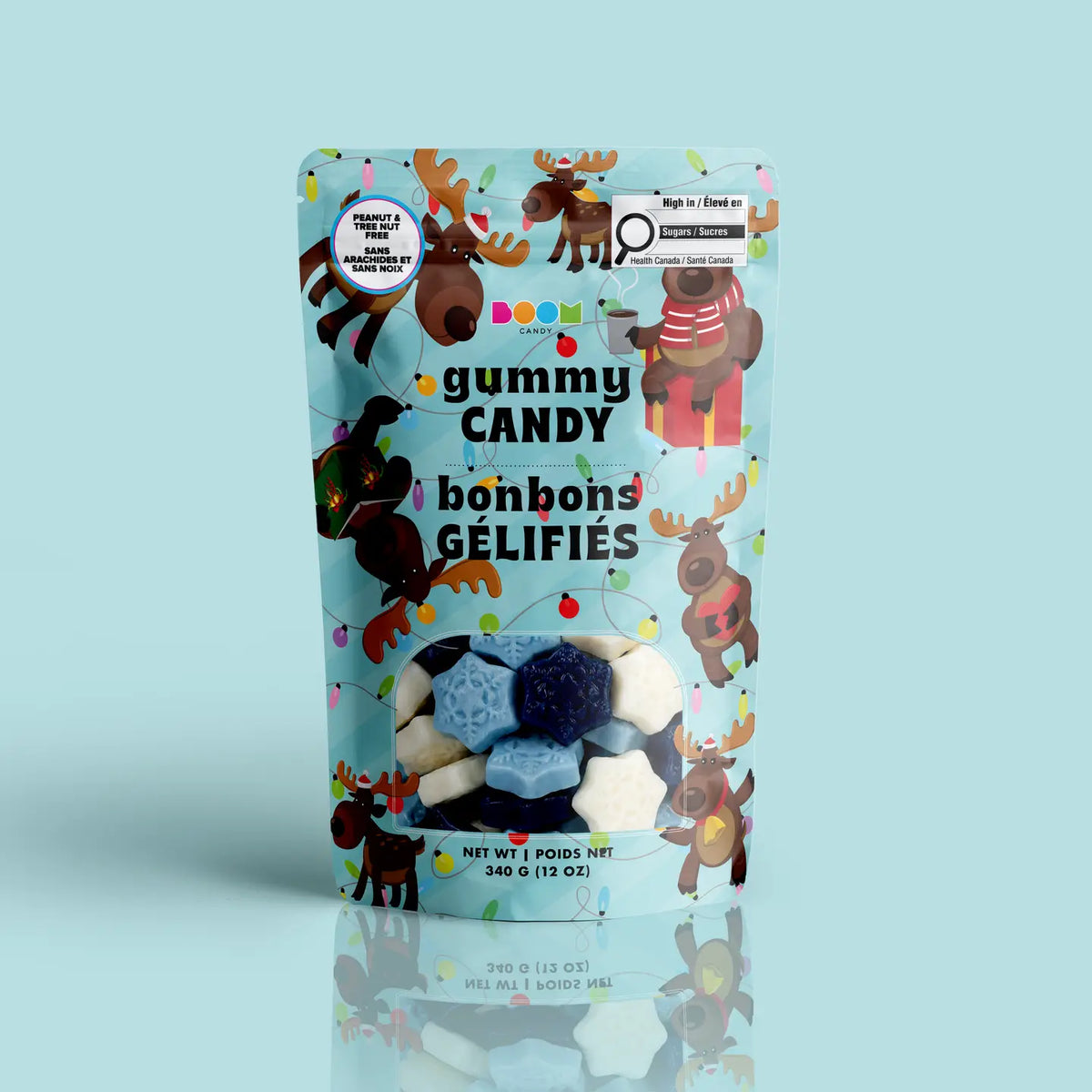 Reindeer & Lights package featuring a cheerful and fun assortment of festive holiday candy treats from a 100% peanut and tree nut free facility.