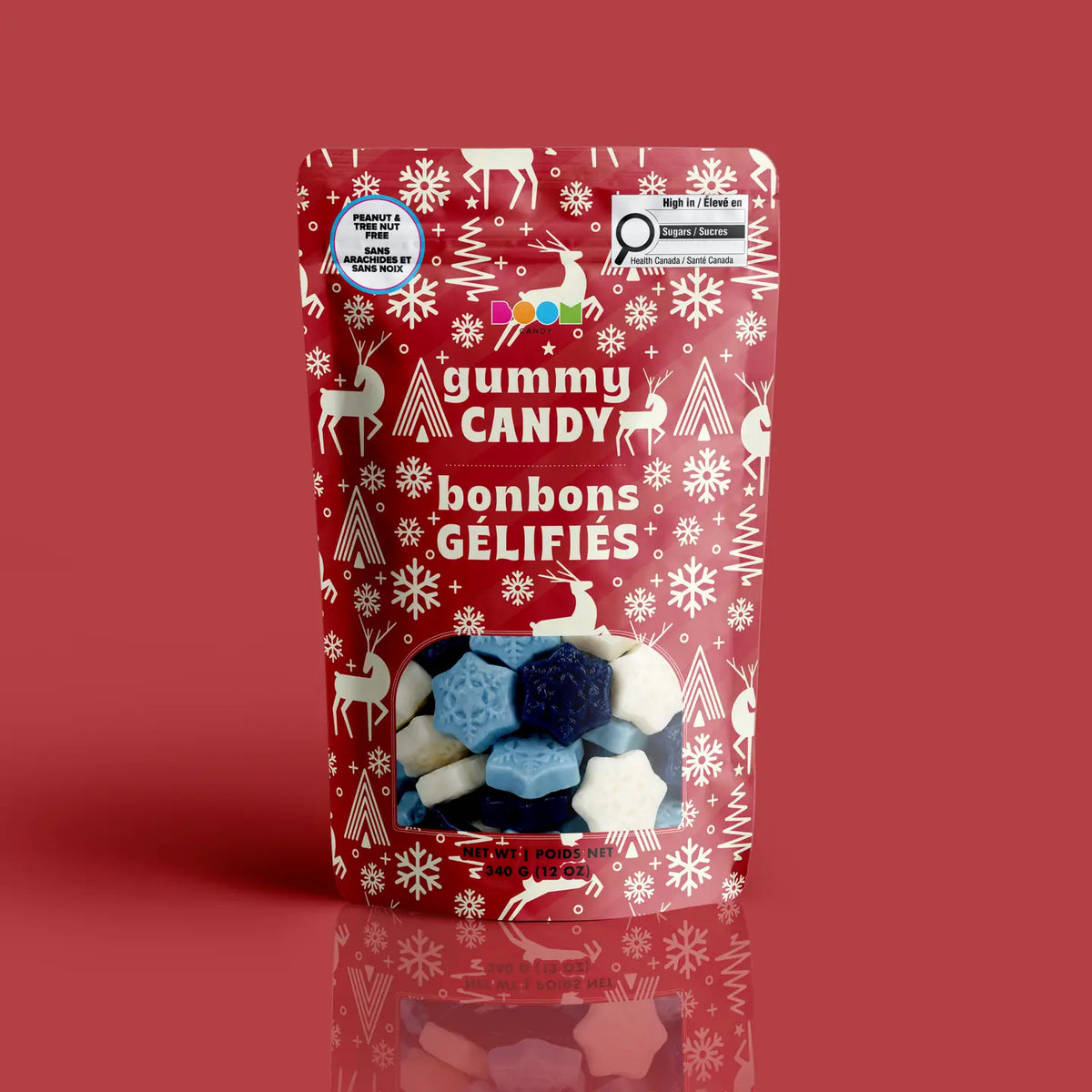 Reindeer & Snowflakes package featuring a cheerful and fun assortment of festive holiday candy treats from a 100% peanut and tree nut free facility.