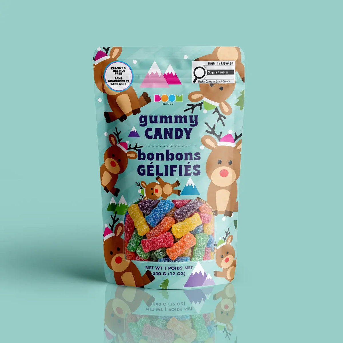 Sitting Reindeer package featuring a cheerful and fun assortment of festive holiday reindeer candy treats from a 100% peanut and tree nut free facility.