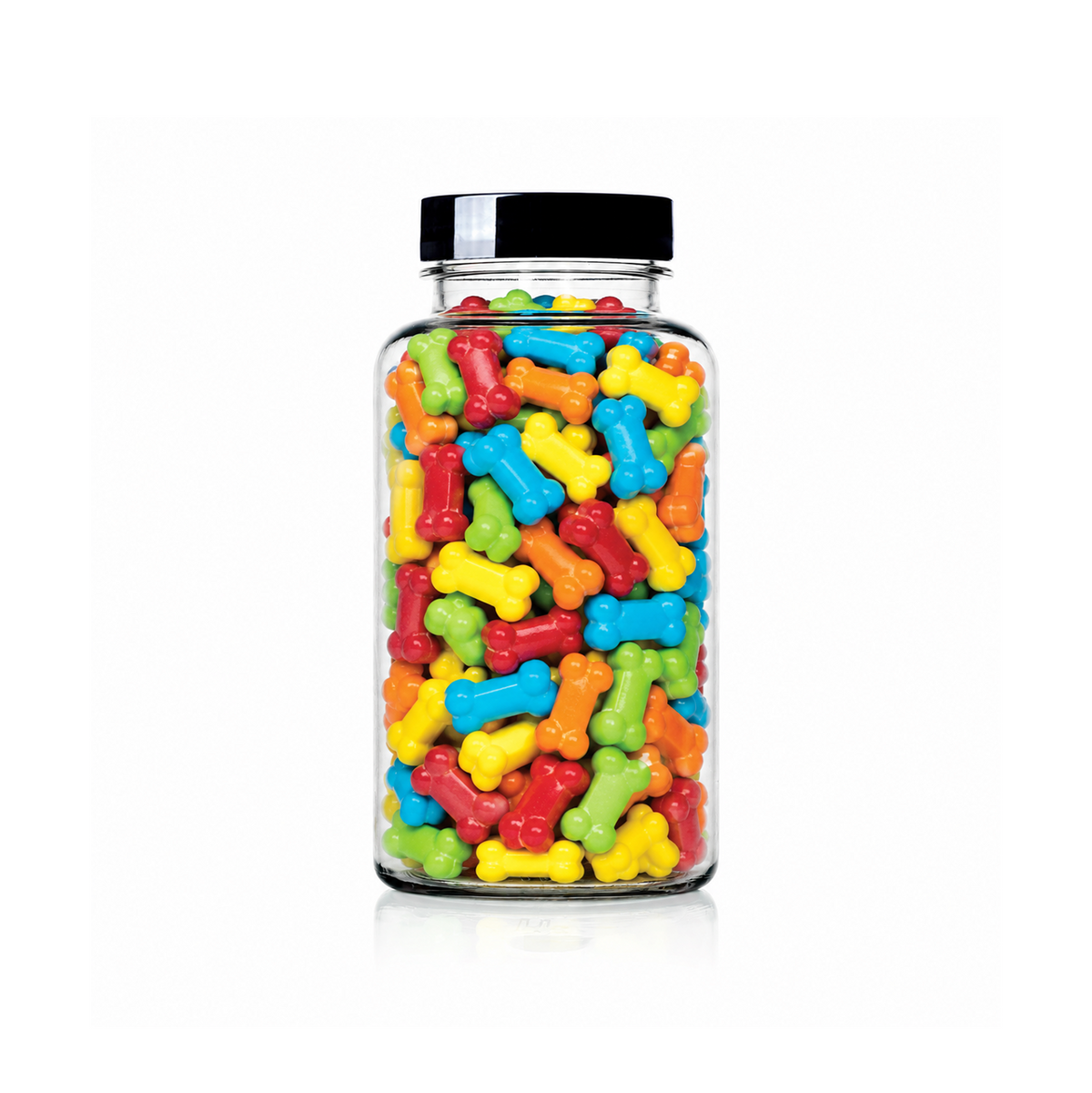 Rainbow Bone Shaped Sprinkles package featuring a vibrant, multi-coloured assortment of bone-shaped candy confetti shapes for baking from a 100% peanut and tree nut free facility.