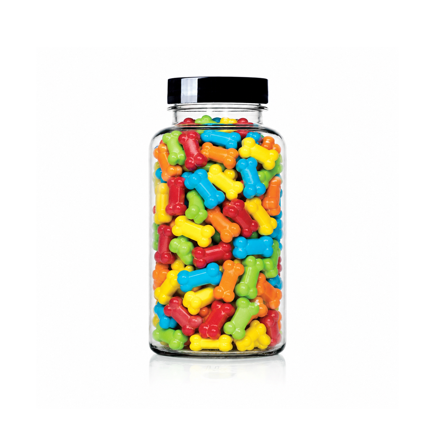 Rainbow Bone Shaped Sprinkles package featuring a vibrant, multi-coloured assortment of bone-shaped candy confetti shapes for baking from a 100% peanut and tree nut free facility.