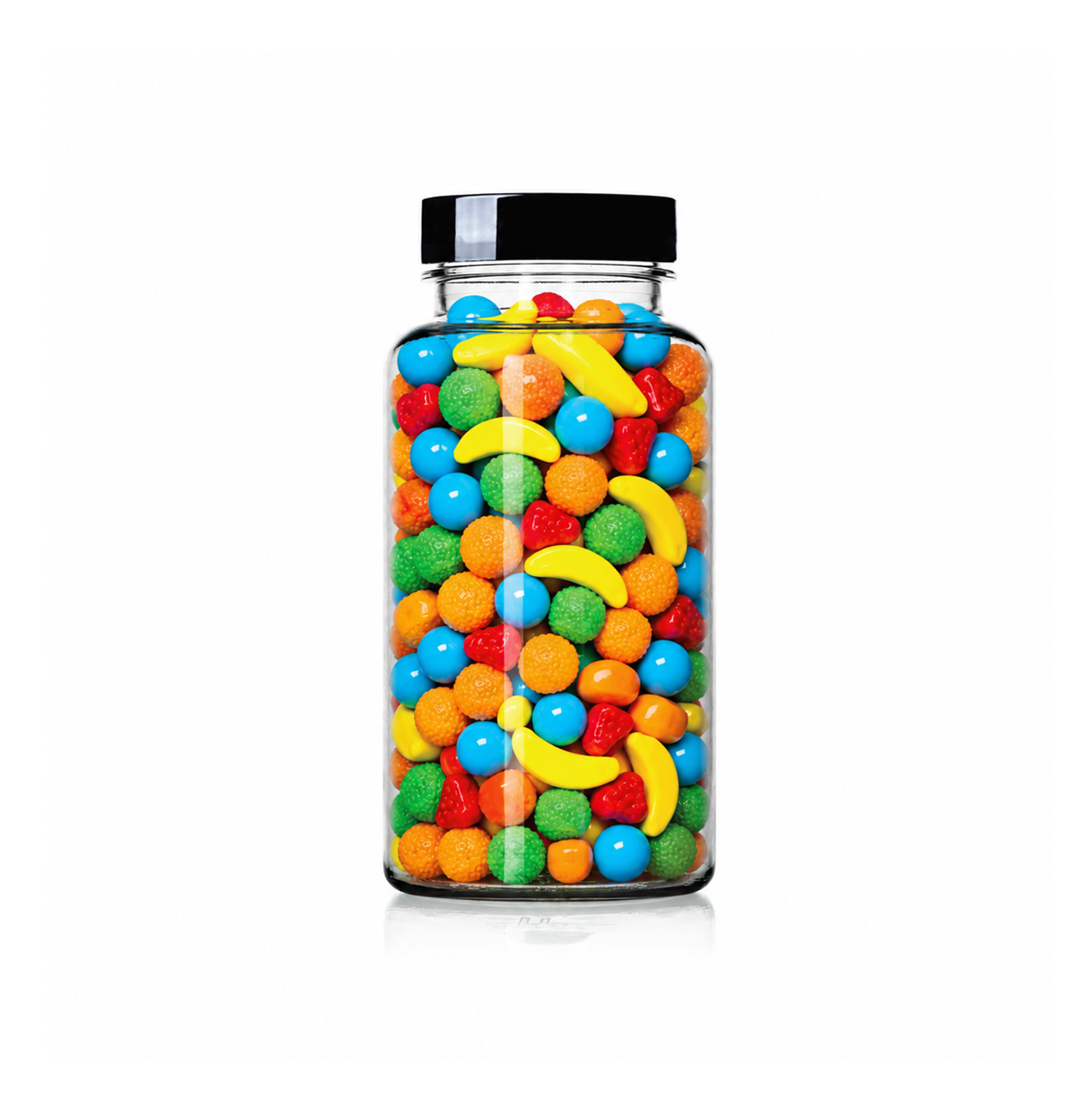 Fruit Mix Shaped Sprinkles package featuring a vibrant, multi-coloured assortment of miniature fruit candy confetti shapes for baking from a 100% peanut and tree nut free facility.