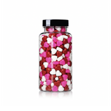 Heart Shaped Sprinkles package featuring a classic red and white assortment of heart candy confetti shapes for baking from a 100% peanut and tree nut free facility.