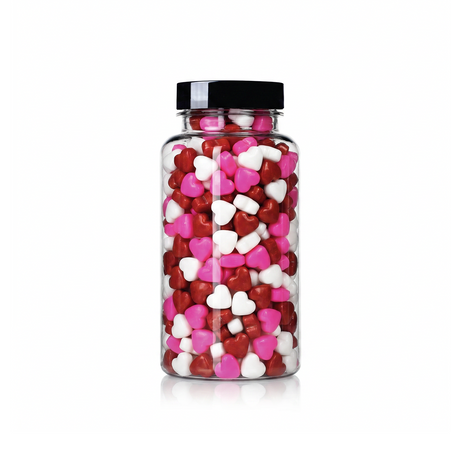 Heart Shaped Sprinkles package featuring a classic red and white assortment of heart candy confetti shapes for baking from a 100% peanut and tree nut free facility.
