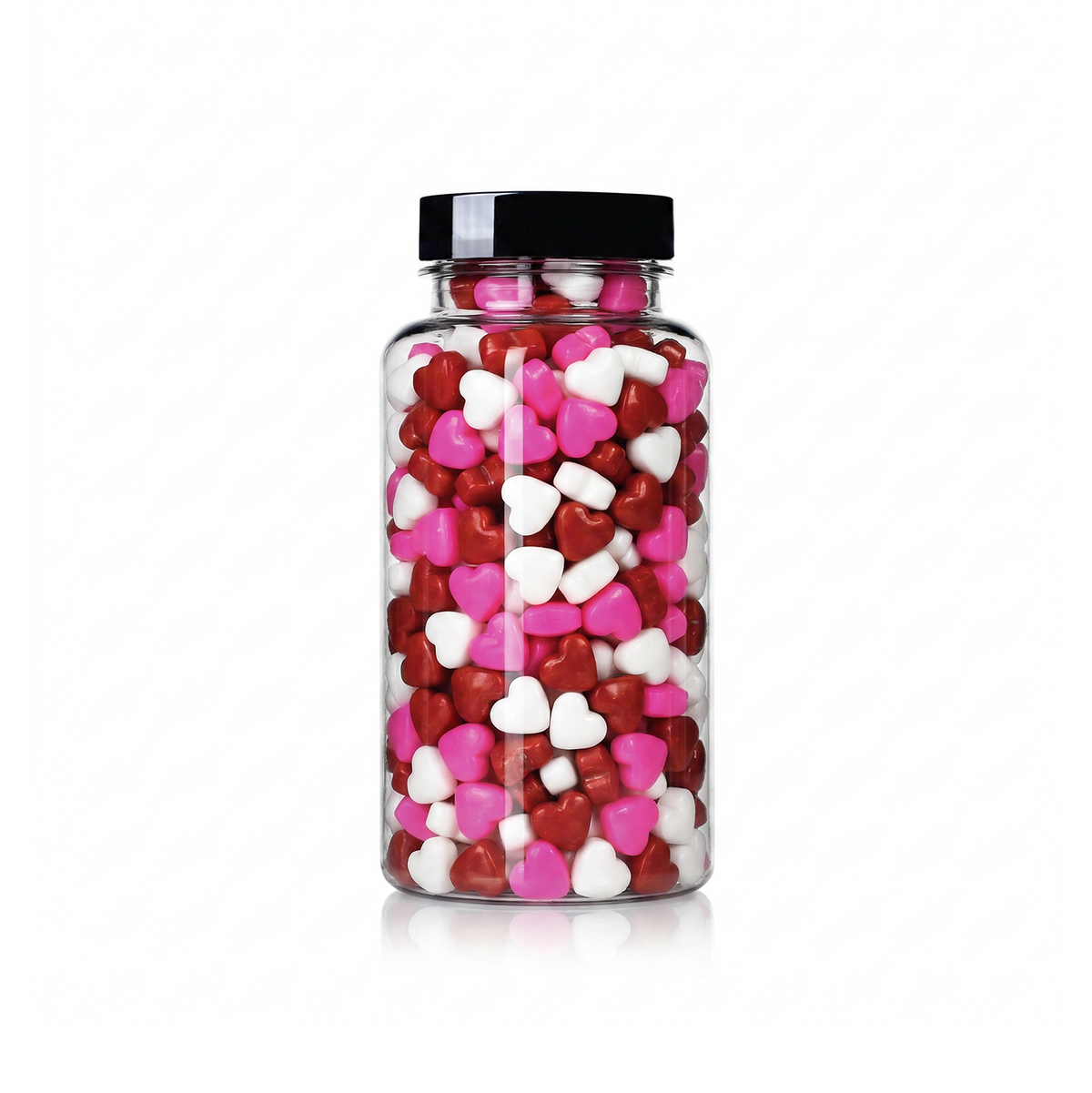 Heart Shaped Sprinkles package featuring a classic red and white assortment of heart candy confetti shapes for baking from a 100% peanut and tree nut free facility.