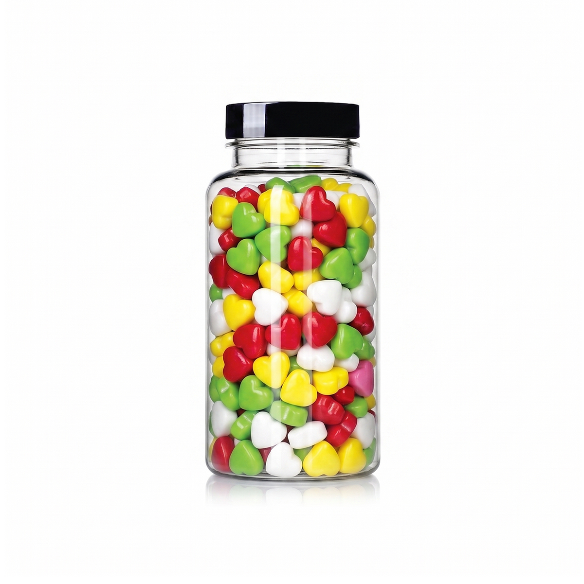 Rainbow Heart Shaped Sprinkles package featuring a vibrant multi-coloured assortment of heart candy confetti shapes for baking from a 100% peanut and tree nut free facility.