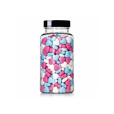 Blue, Pink, and White Heart Shaped Sprinkles package featuring a soft pastel assortment of heart candy confetti shapes for baking from a 100% peanut and tree nut free facility.