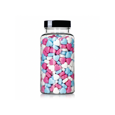 Blue, Pink, and White Heart Shaped Sprinkles package featuring a soft pastel assortment of heart candy confetti shapes for baking from a 100% peanut and tree nut free facility.