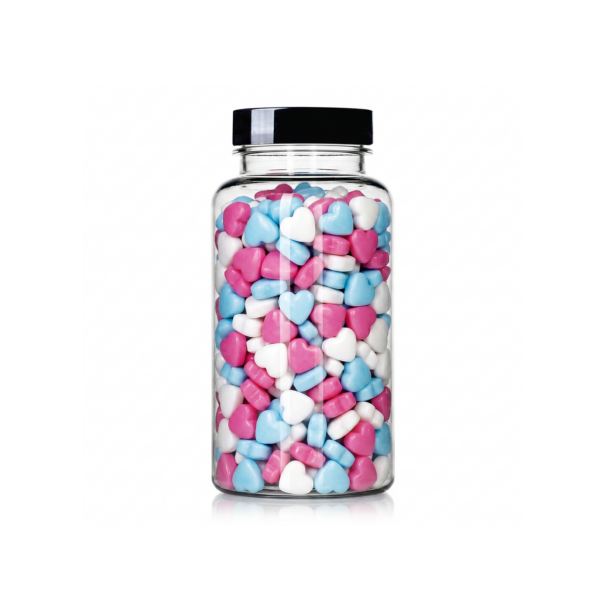 Blue, Pink, and White Heart Shaped Sprinkles package featuring a soft pastel assortment of heart candy confetti shapes for baking from a 100% peanut and tree nut free facility.