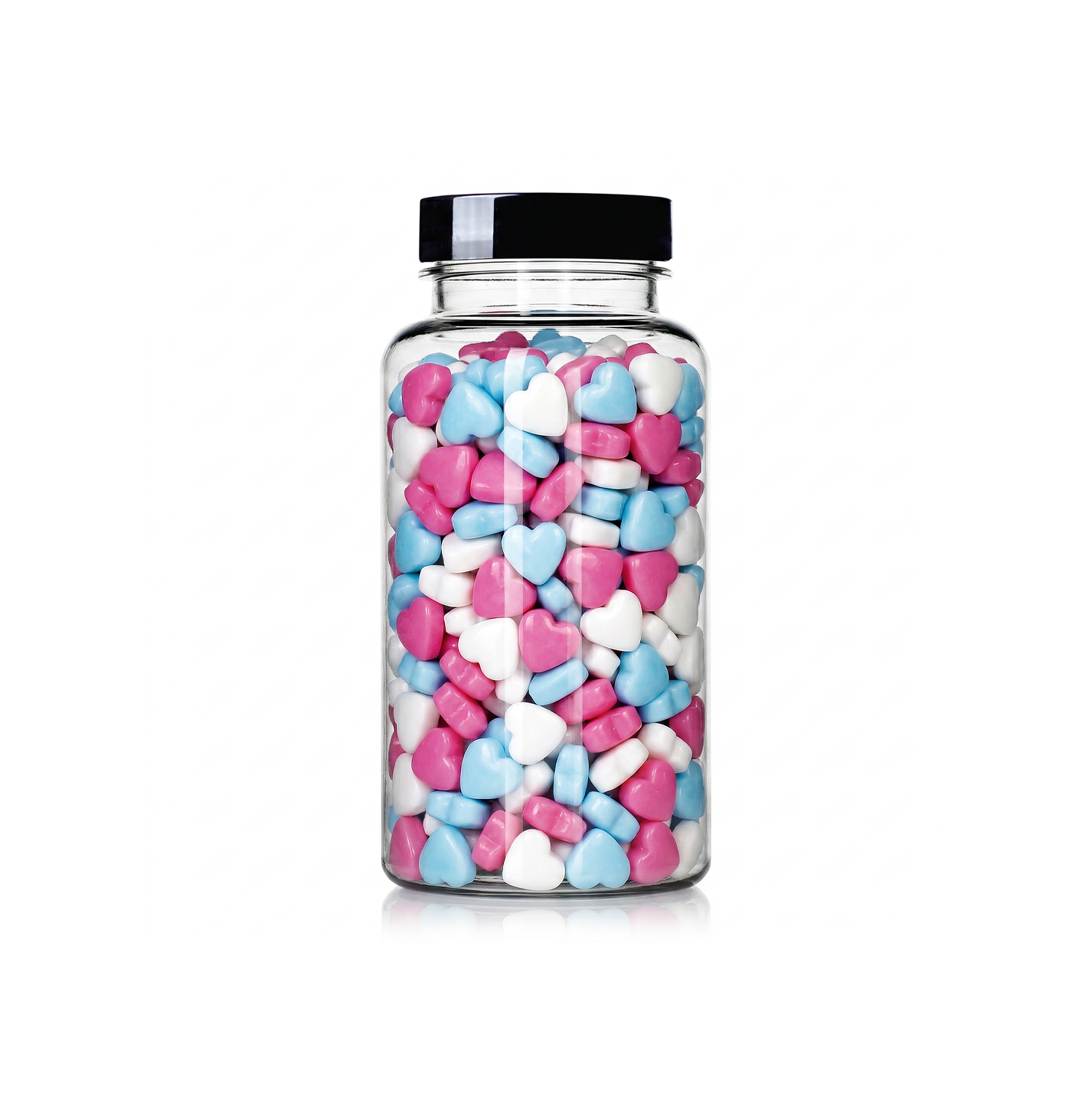 Blue, Pink, and White Heart Shaped Sprinkles package featuring a soft pastel assortment of heart candy confetti shapes for baking from a 100% peanut and tree nut free facility.