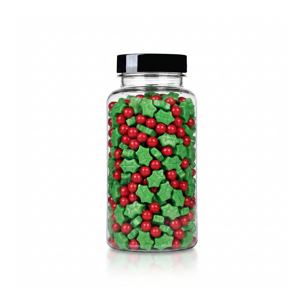 Holly Berries Shaped Sprinkles package featuring a vibrant red and green assortment of Christmas themed candy confetti shapes for baking from a 100% peanut and tree nut free facility.