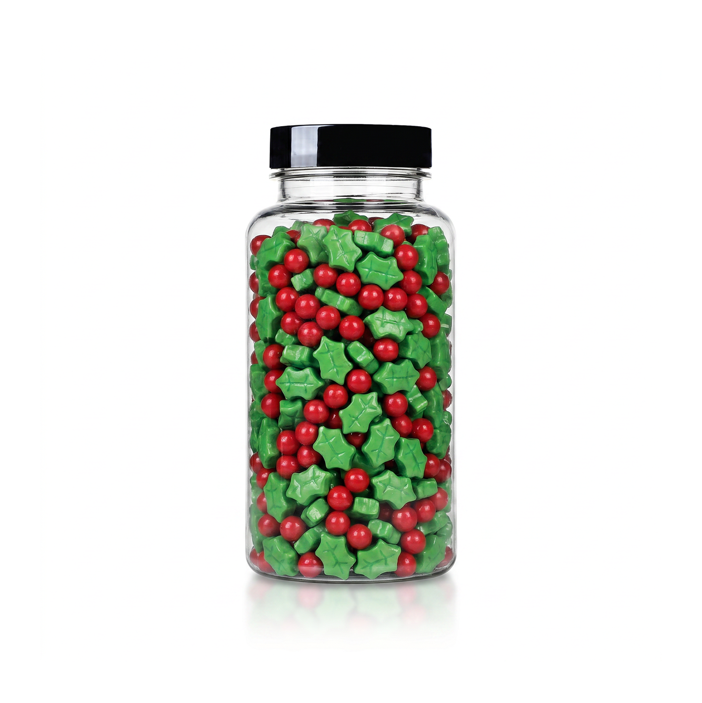 Holly Berries Shaped Sprinkles package featuring a vibrant red and green assortment of Christmas themed candy confetti shapes for baking from a 100% peanut and tree nut free facility.