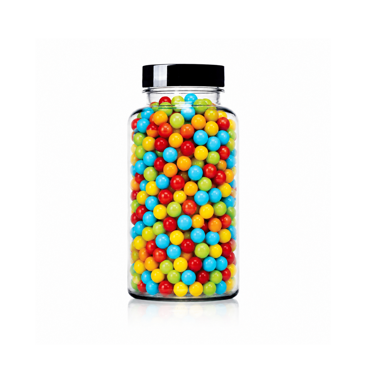 Rainbow Fruit Beads Sprinkles package featuring a vibrant, multi-coloured assortment of shiny round candy sugar pearls for baking from a 100% peanut and tree nut free facility.