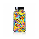 Multi Coloured Banana Shaped Sprinkles package featuring a vibrant, multi-coloured assortment of banana-shaped candy confetti shapes for baking from a 100% peanut and tree nut free facility.