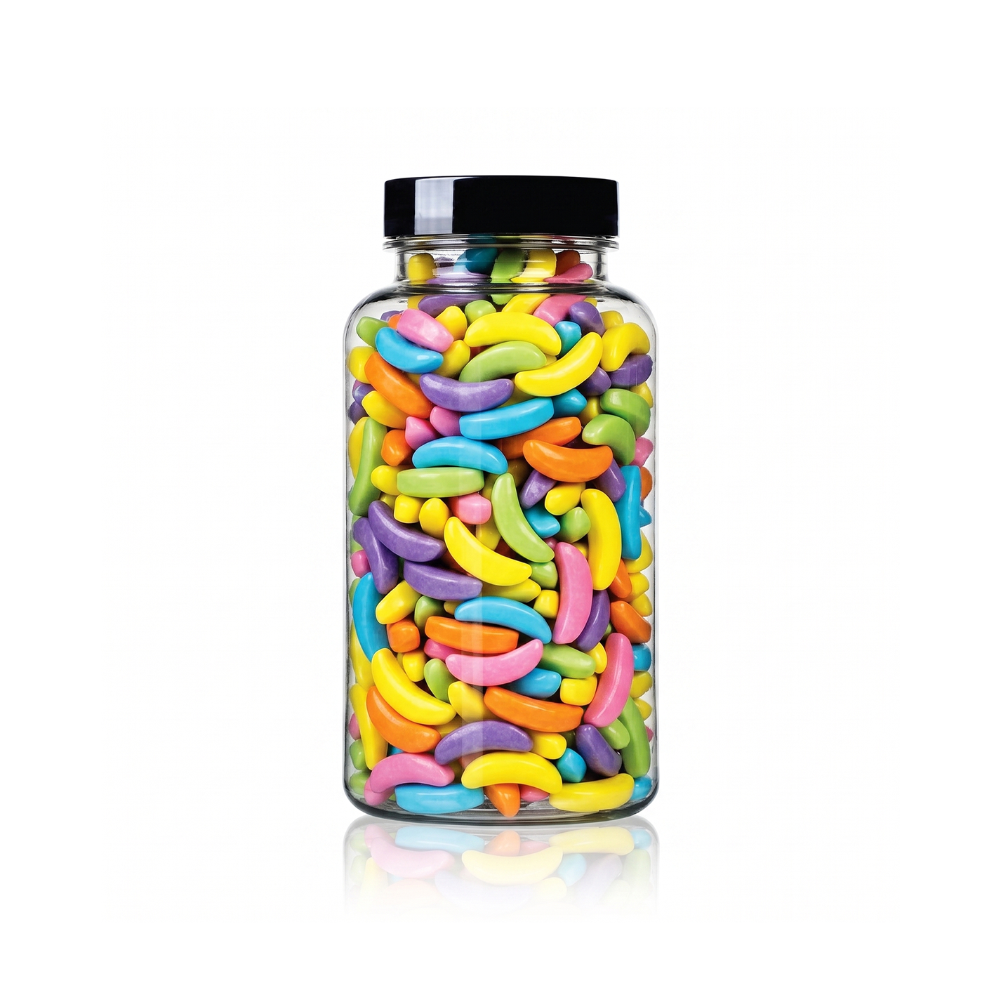 Multi Coloured Banana Shaped Sprinkles package featuring a vibrant, multi-coloured assortment of banana-shaped candy confetti shapes for baking from a 100% peanut and tree nut free facility.