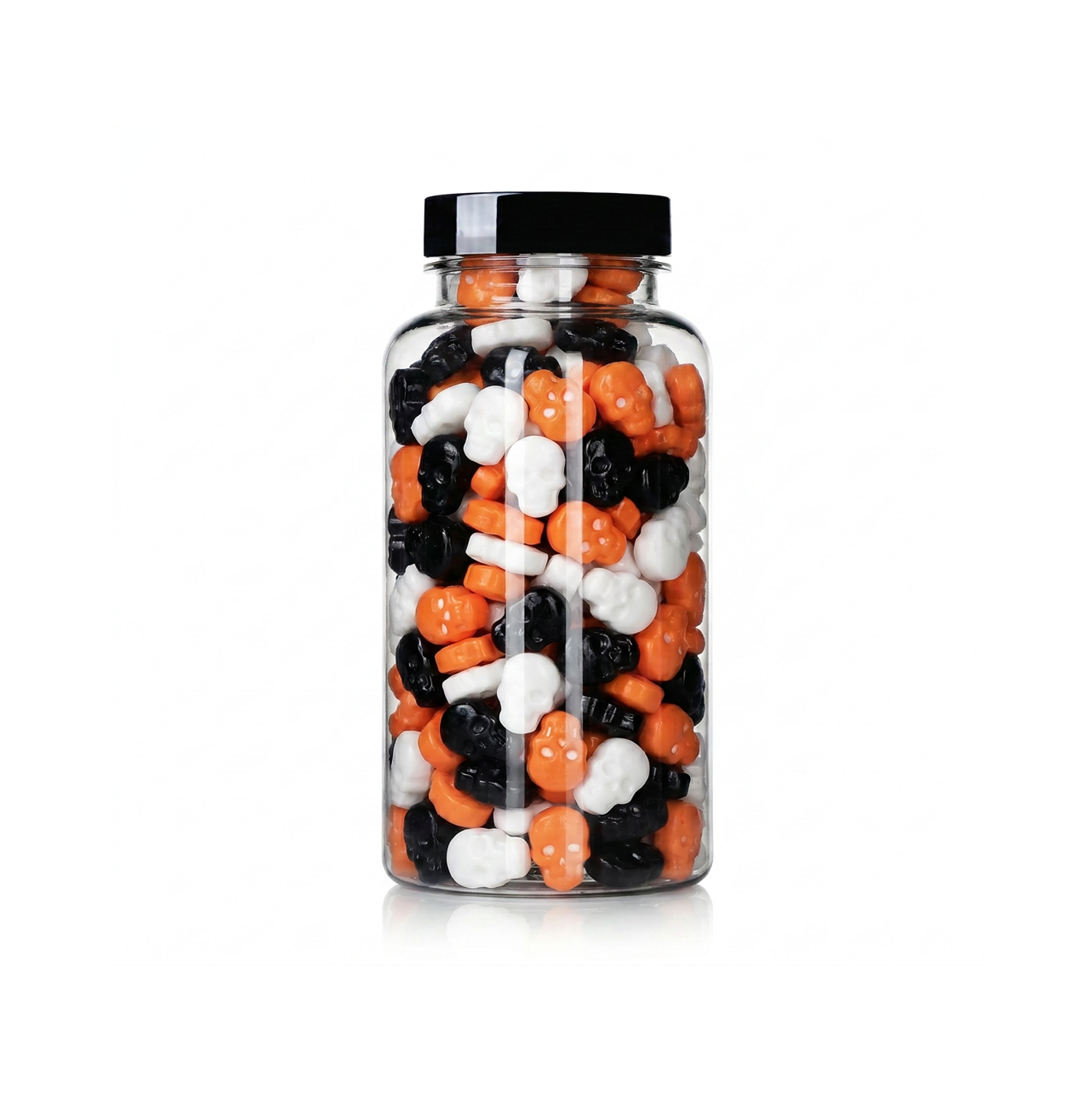 White, Black, and Orange Skull Shaped Sprinkles package featuring a vibrant festive assortment of spooky skull candy confetti shapes for baking from a 100% peanut and tree nut free facility.