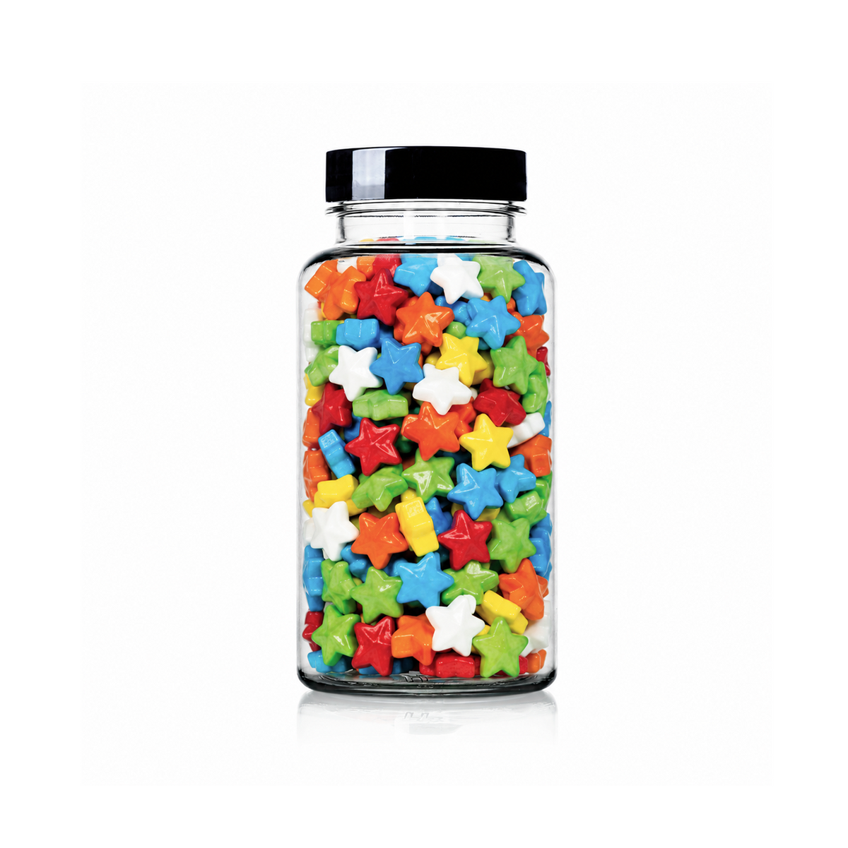 Rainbow Stars Shaped Sprinkles package featuring a vibrant multi-coloured assortment of star candy confetti shapes for baking from a 100% peanut and tree nut free facility.