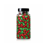 Christmas Tree Shaped Sprinkles package featuring a vibrant red and green assortment of holiday tree candy confetti shapes for baking from a 100% peanut and tree nut free facility.