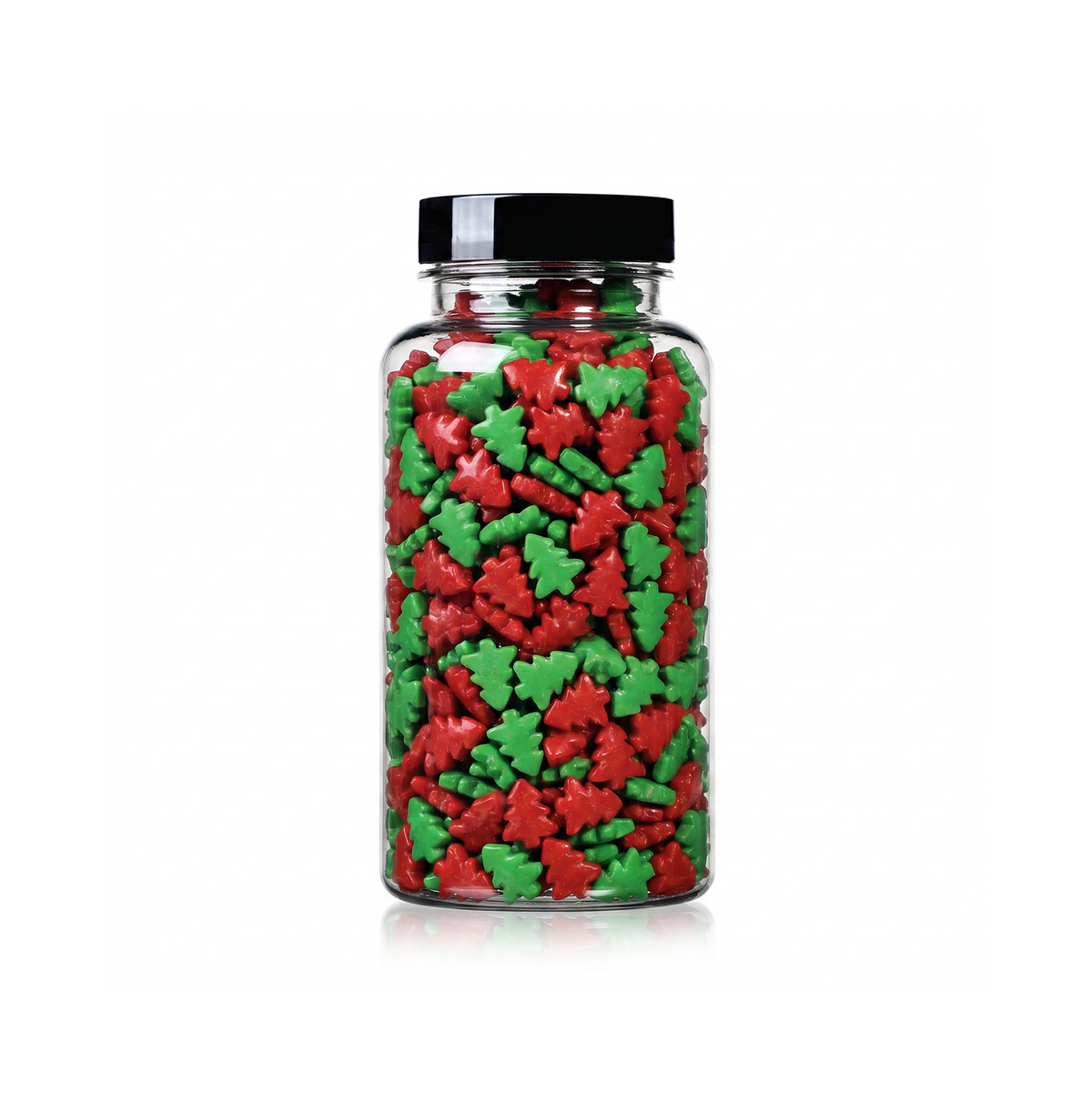 Christmas Tree Shaped Sprinkles package featuring a vibrant red and green assortment of holiday tree candy confetti shapes for baking from a 100% peanut and tree nut free facility.