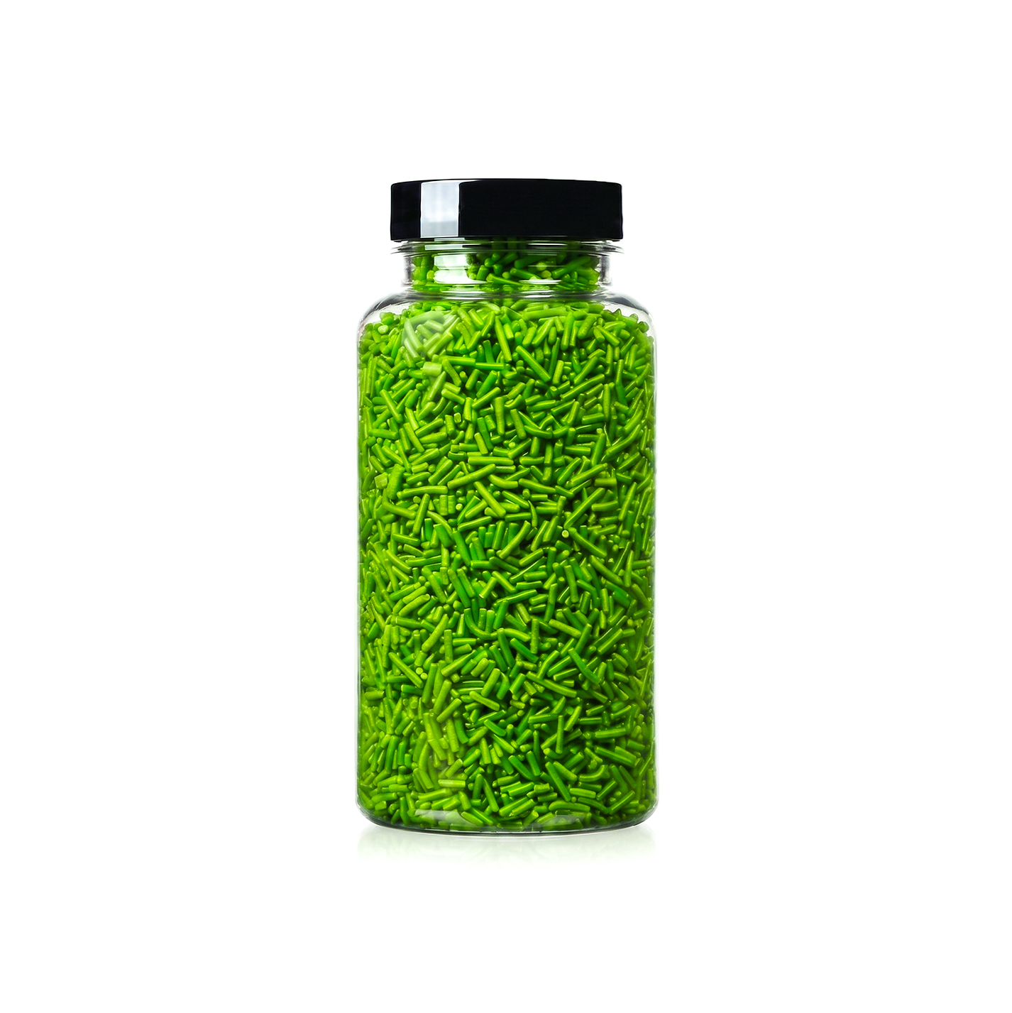 Green Fresh Jimmies package featuring a bright, lime green assortment of premium decorating sprinkles for baking from a 100% peanut and tree nut free facility.