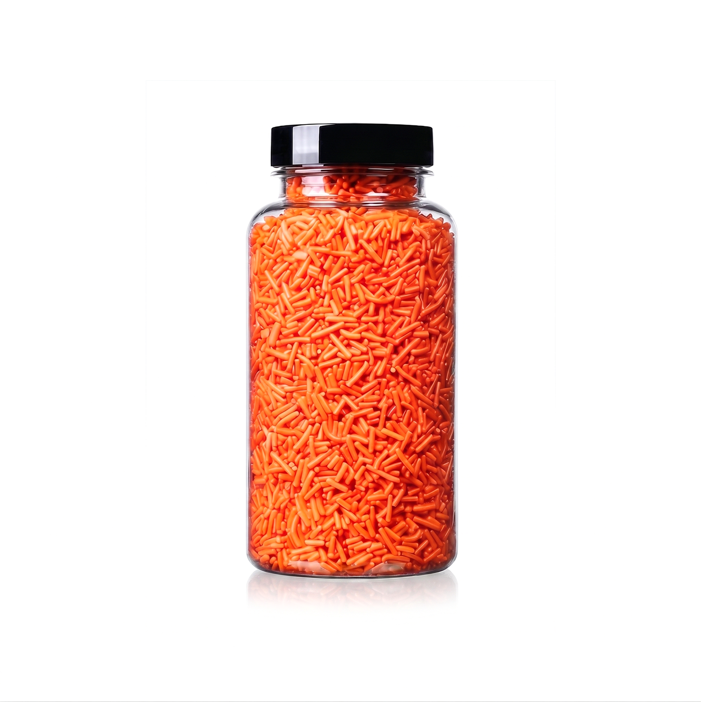 Orange Jimmies package featuring a bright, sunset orange assortment of premium decorating sprinkles for baking from a 100% peanut and tree nut free facility.