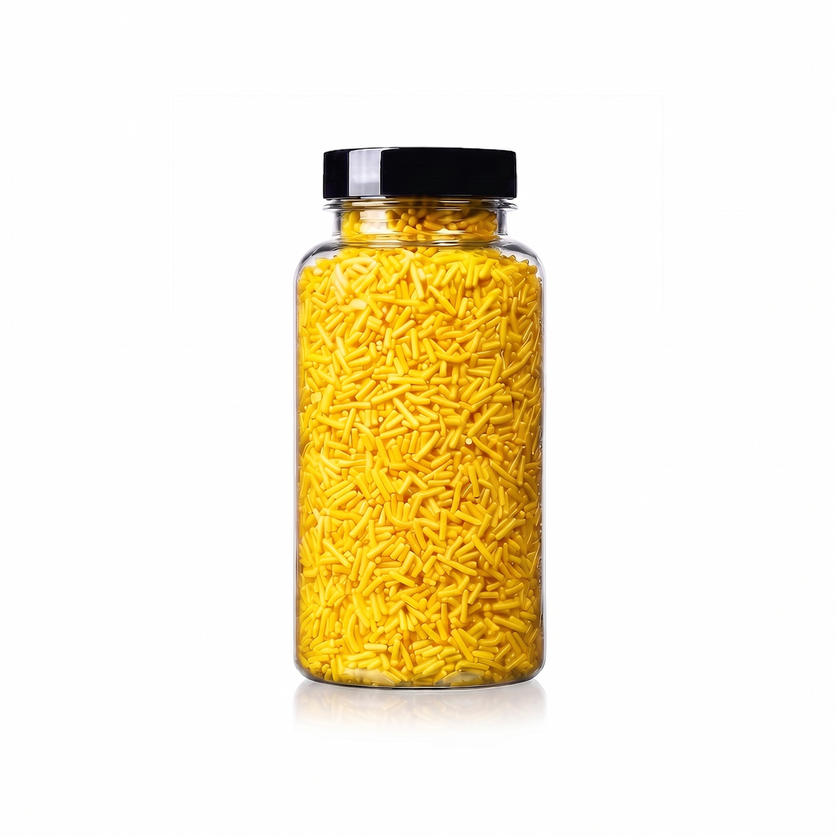 Yellow Jimmies package featuring a bright, sunshine yellow assortment of premium decorating sprinkles for baking from a 100% peanut and tree nut free facility.