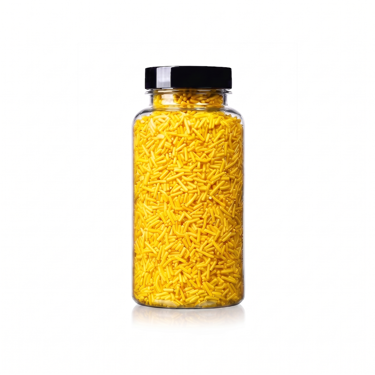 Yellow Jimmies package featuring a bright, sunshine yellow assortment of premium decorating sprinkles for baking from a 100% peanut and tree nut free facility.