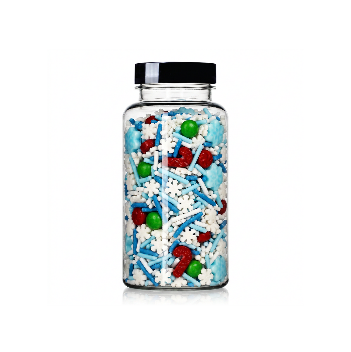 Winter Sprinkle Mix package featuring a vibrant, blue and white assortment of frosty crunchy decorating pieces for baking from a 100% peanut and tree nut free facility.