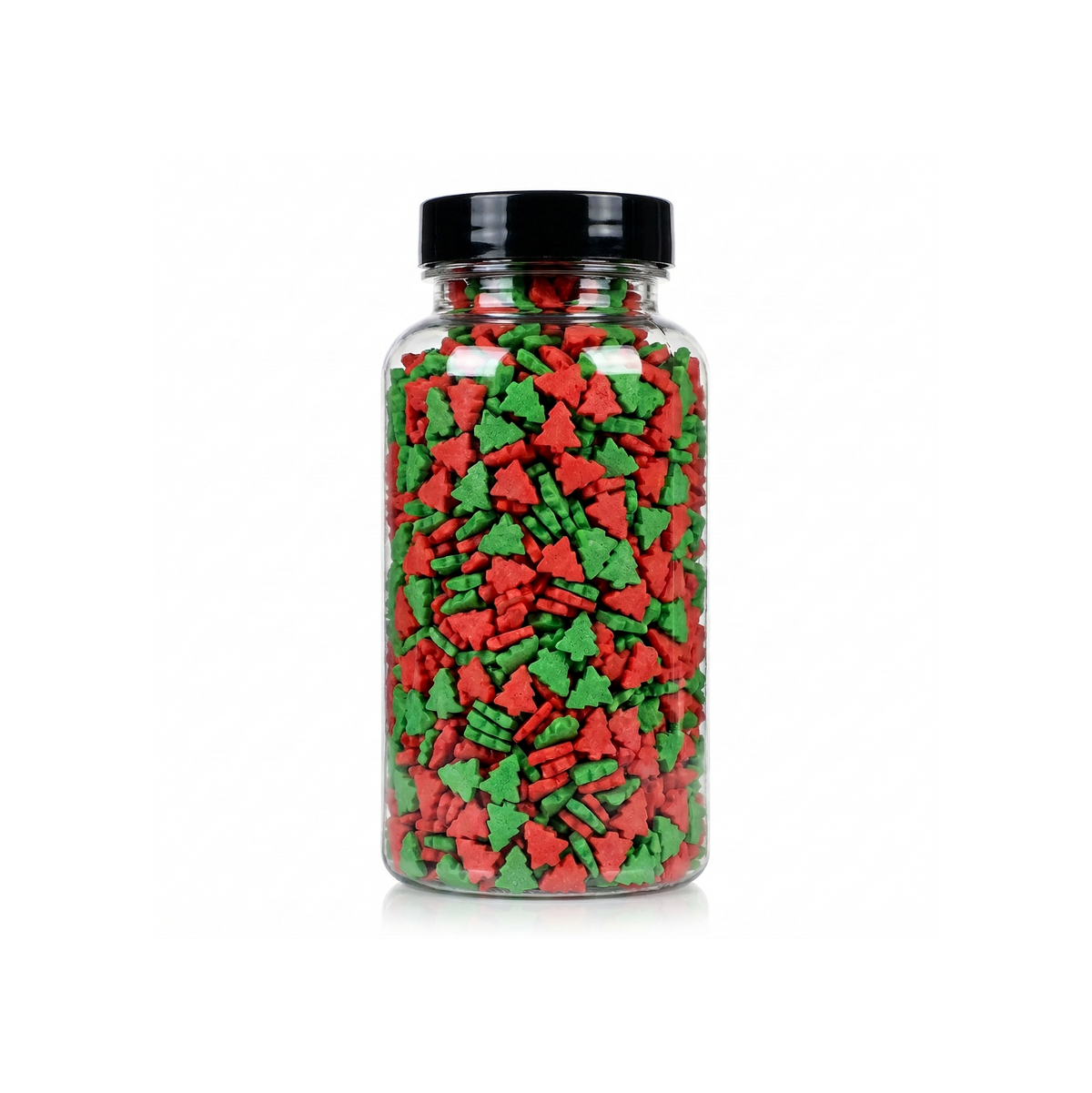 Trees Red and Green Quins package featuring a festive red and green assortment of Christmas tree-shaped candy confetti decorating sprinkles for baking from a 100% peanut and tree nut free facility.