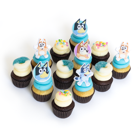 The Bluey Dozen 12 pack of licensed nut-free Bluey and Bingo cupcakes for birthday party Toronto delivery.	