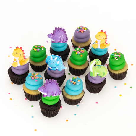 The Dinosaur Dozen 12 pack of nut-free T-Rex and Stegosaurus cupcakes for a dinosaur birthday party Toronto delivery.	