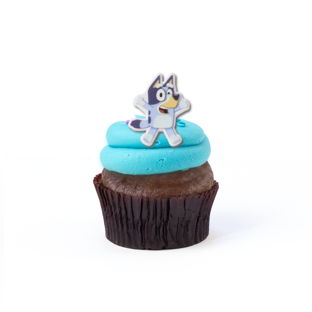 Single Bluey nut-free cupcake with blue frosting for an individual gift box or school lunch in Toronto.	