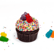 Single Gummy Bear nut-free cupcake with colourful frosting and gummy bears on top for an individual gift box or school treat in Toronto.