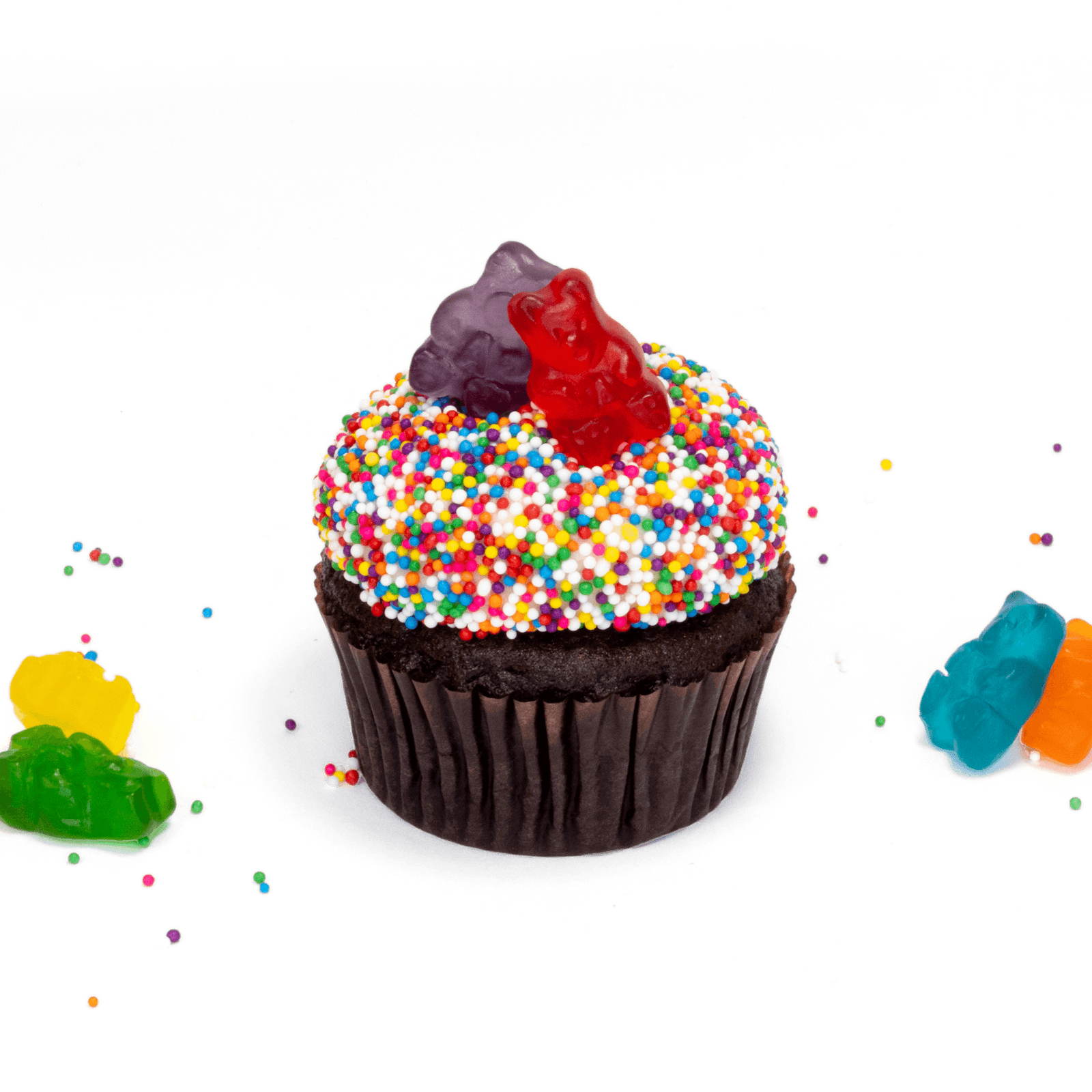 Single Gummy Bear nut-free cupcake with colourful frosting and gummy bears on top for an individual gift box or school treat in Toronto.