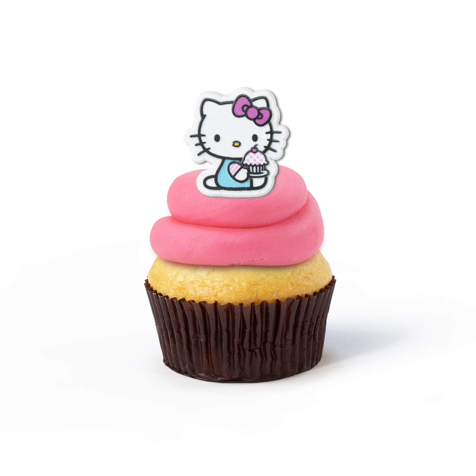 Single Hello Kitty nut-free cupcake with Sanrio themed image and pink frosting for an individual gift box or school lunch in Toronto.	