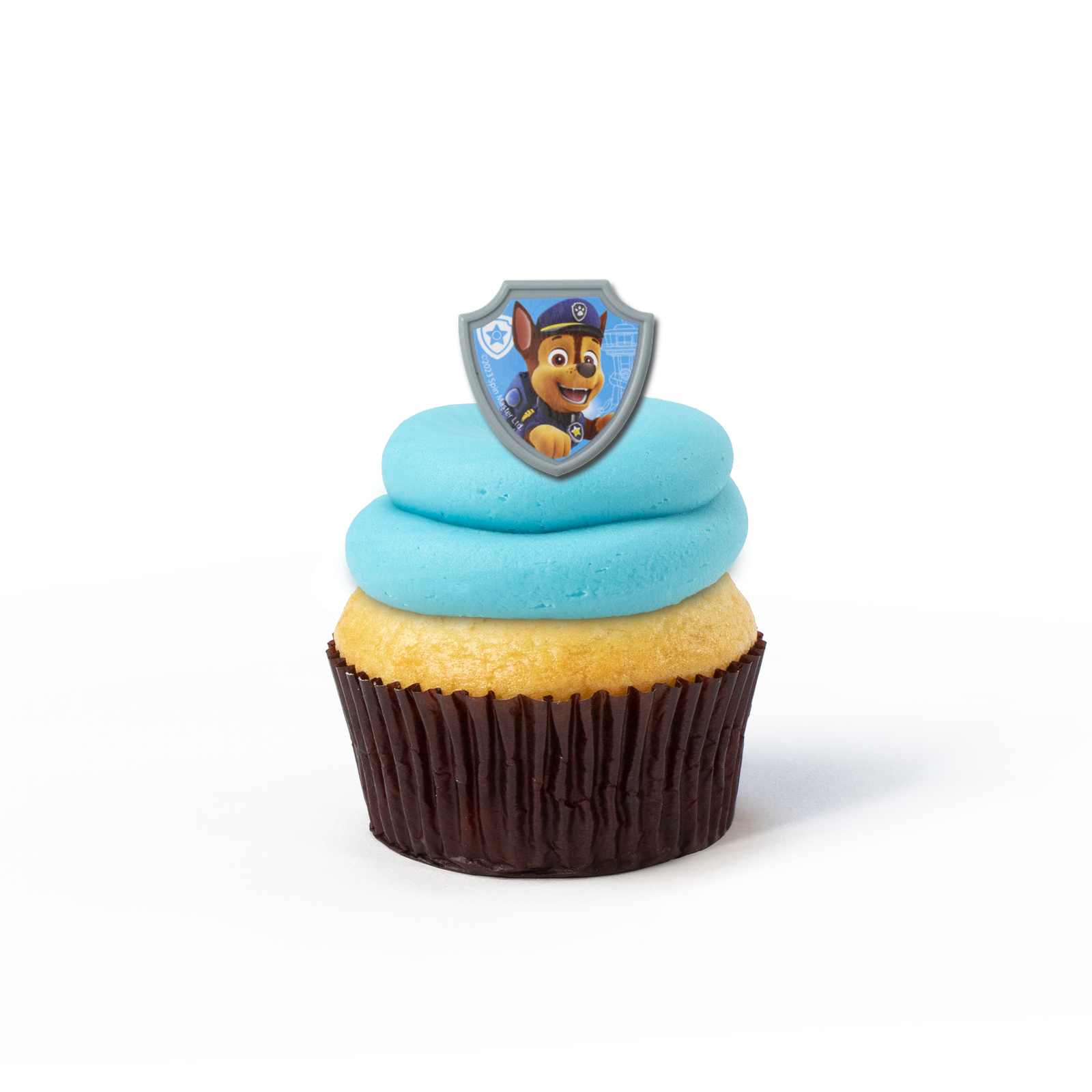 Single Paw Patrol nut-free cupcake with Marshall image and themed frosting for an individual gift box or school lunch in Toronto.	