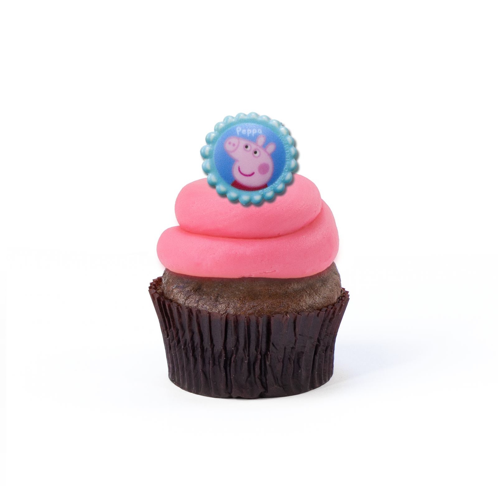 Single Peppa Pig nut-free cupcake with George image and themed frosting for an individual gift box or school lunch in Toronto.	