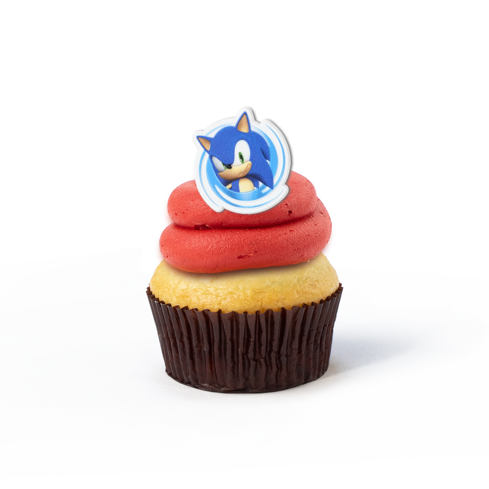 Single Sonic the Hedgehog nut-free cupcake with themed image and frosting for an individual gift box or school lunch in Toronto.	