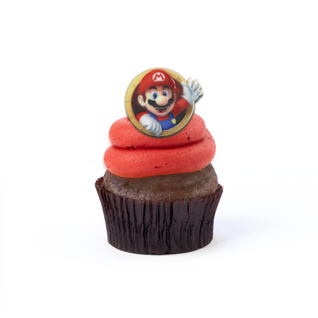 Single Super Mario Bros. nut-free cupcake with Mario image and themed frosting for an individual gift box or school lunch in Toronto.	