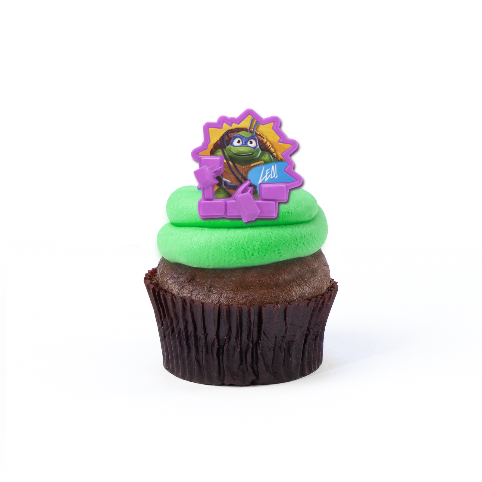 Single Teenage Mutant Ninja Turtles nut-free cupcake with TMNT logo and themed frosting for an individual gift box or school lunch in Toronto.	