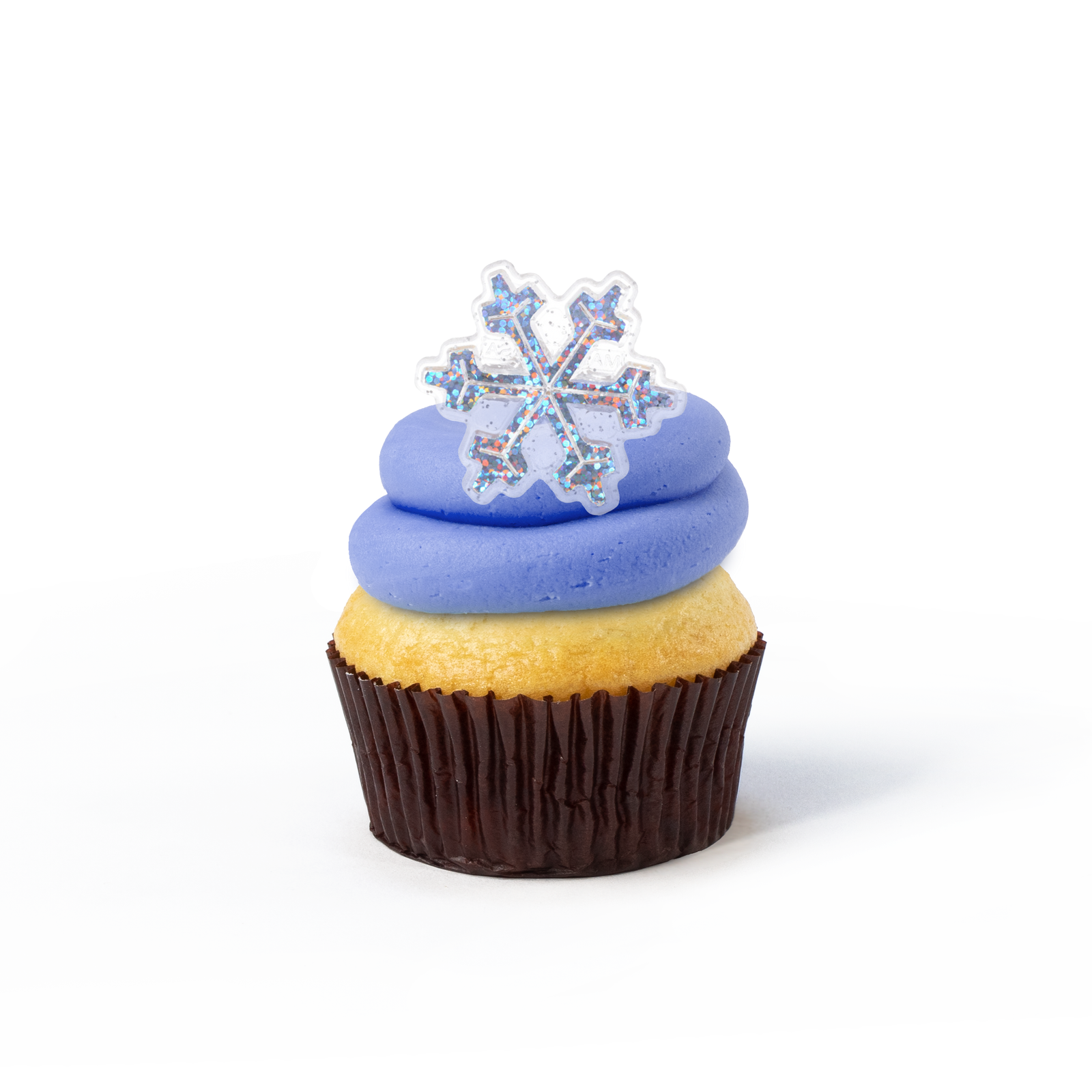 Single Winter nut-free cupcake with blue and vanilla frosting and snowflake sprinkles for an individual gift box or school treat in Toronto.