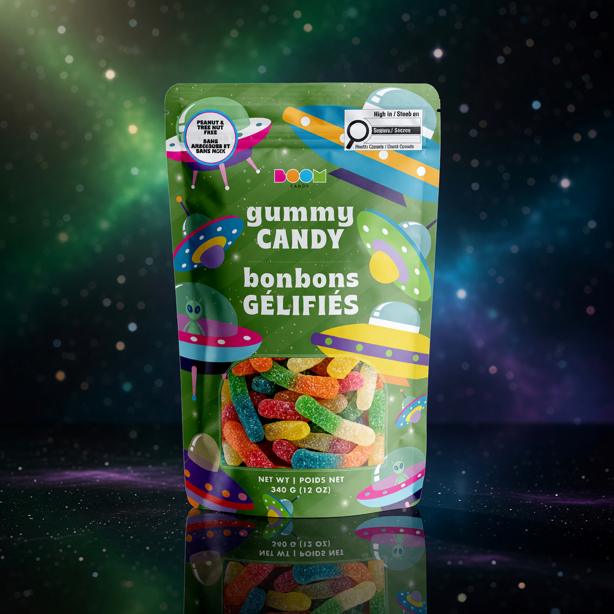 Stylized view of colourful sour-dusted gummy worms through the window of the Alien Ships Mix bag, certified 100% peanut and tree nut free.