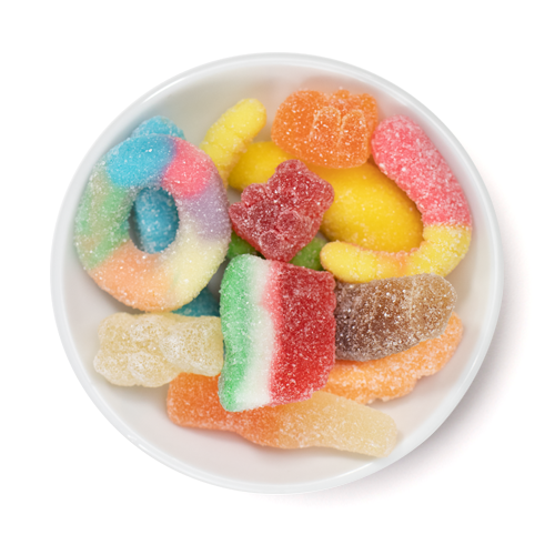 Assorted Sours candy mix, colourful, chewy, sanded, available in bulk sizes (80g, 1kg) for nut-free party candy delivery in Toronto.