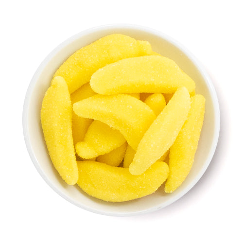 Bananas soft gummy candy, yellow, tropical-flavoured, available in bulk sizes (80g, 1kg) for nut-free party candy delivery in Toronto.