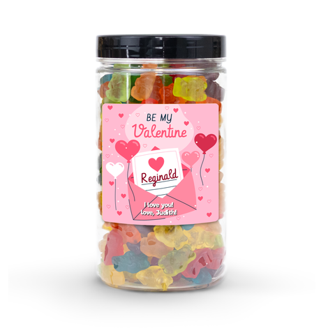 "Be My Valentine" Candy Jar (6" tall) with custom name and message sticker, filled with nut-free Boom Candy for delivery in Toronto.